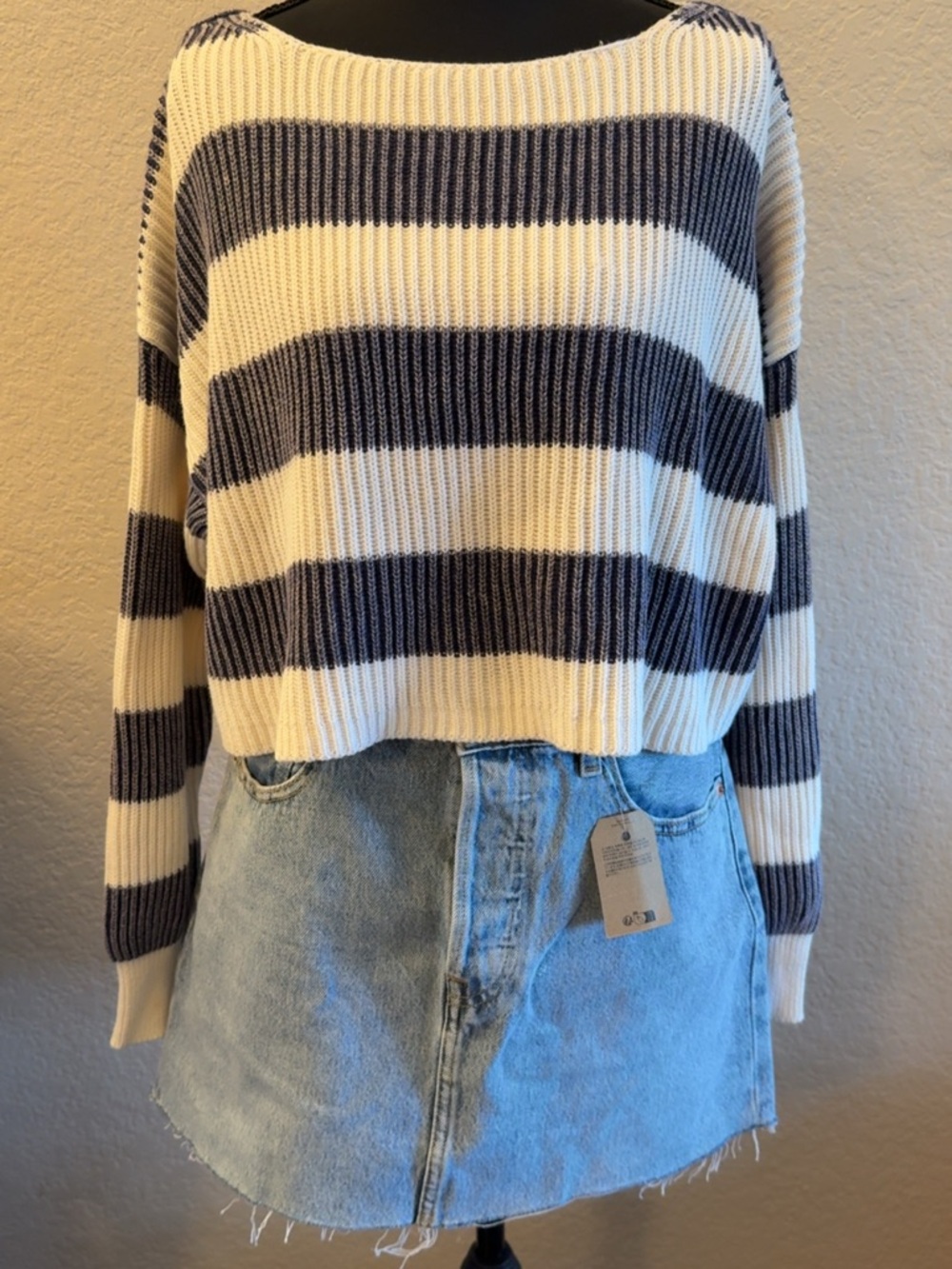Free People Striped Cropped Crewneck Sweater in Navy and Cream